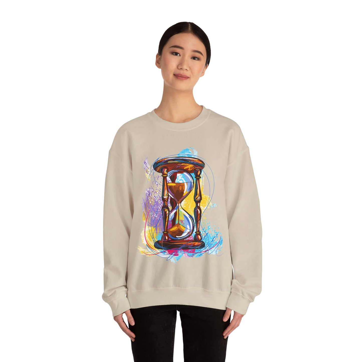 Unisex Heavy Blend Crewneck Sweatshirt, watercolor hourglass, colorful hourglass, time keeping, hourglass