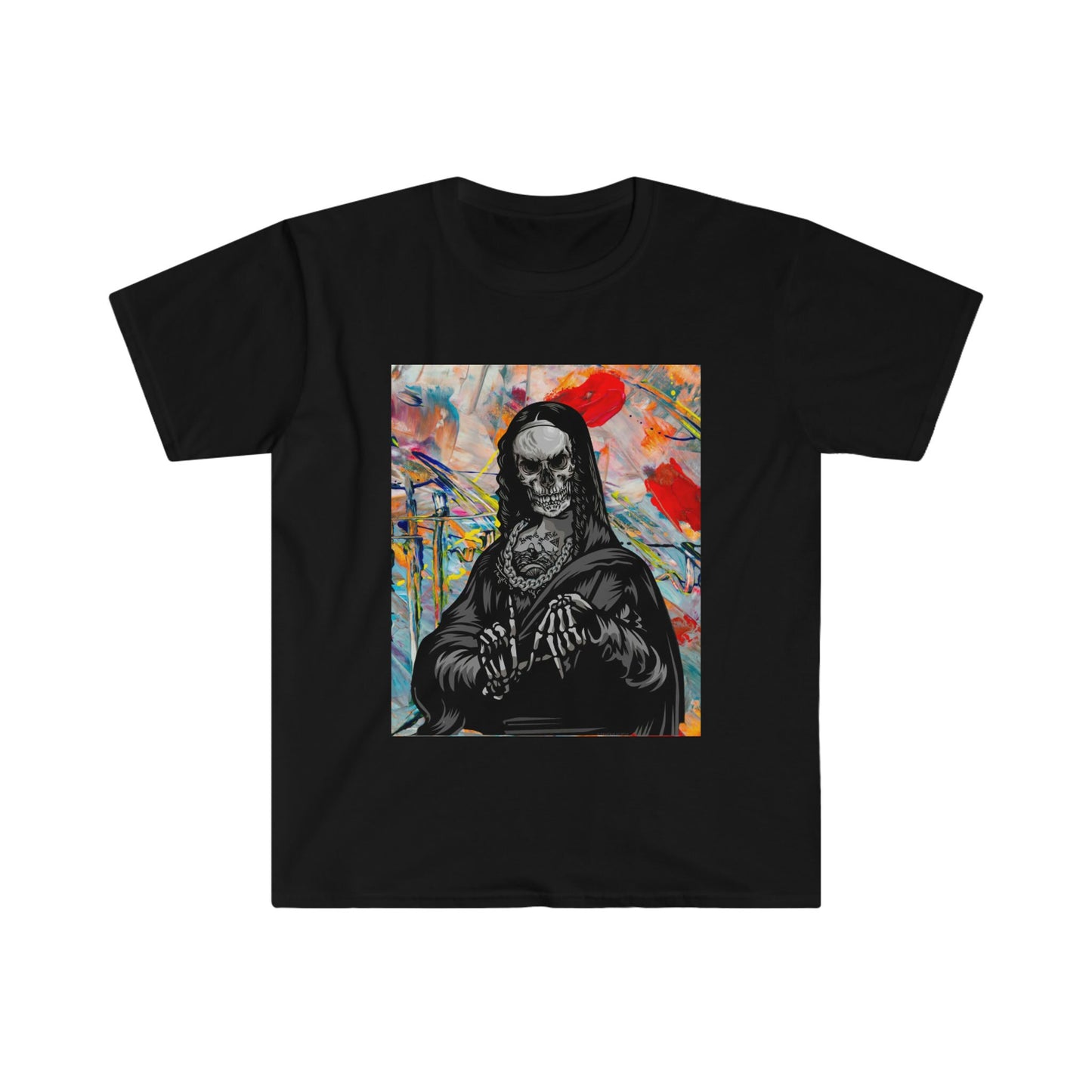 Unisex Softstyle T-Shirt, skull mona lisa, painting of mona lisa, painting