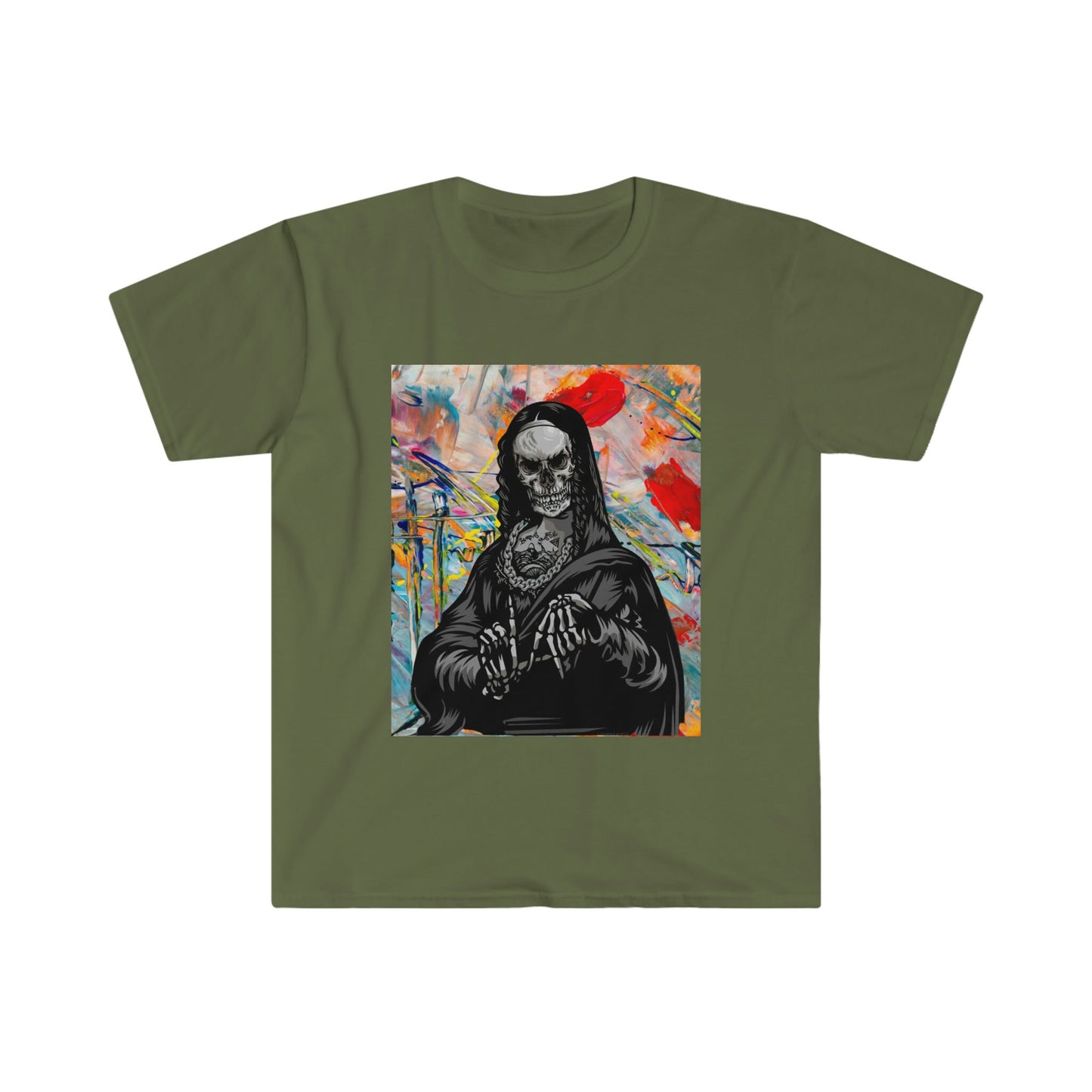Unisex Softstyle T-Shirt, skull mona lisa, painting of mona lisa, painting