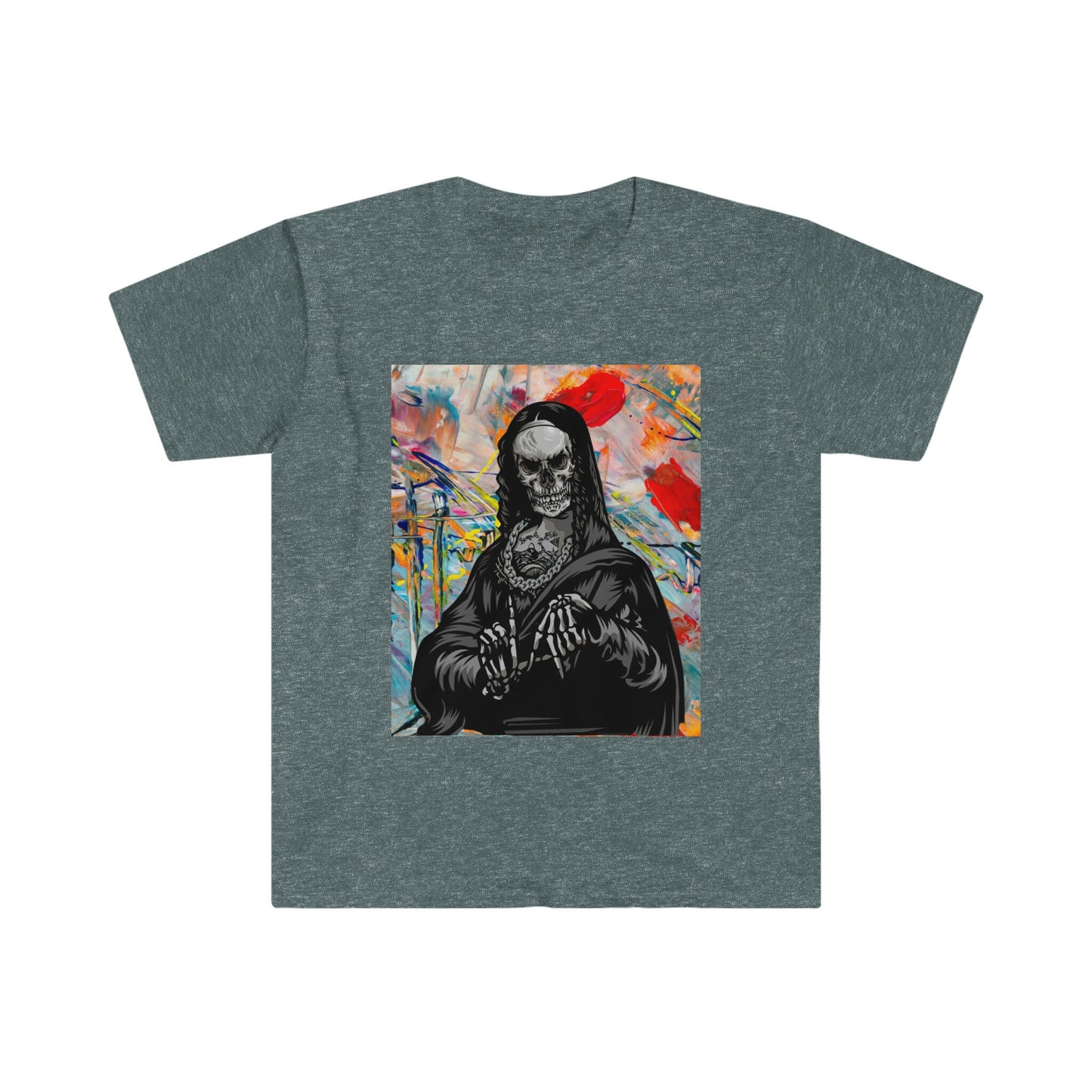 Unisex Softstyle T-Shirt, skull mona lisa, painting of mona lisa, painting