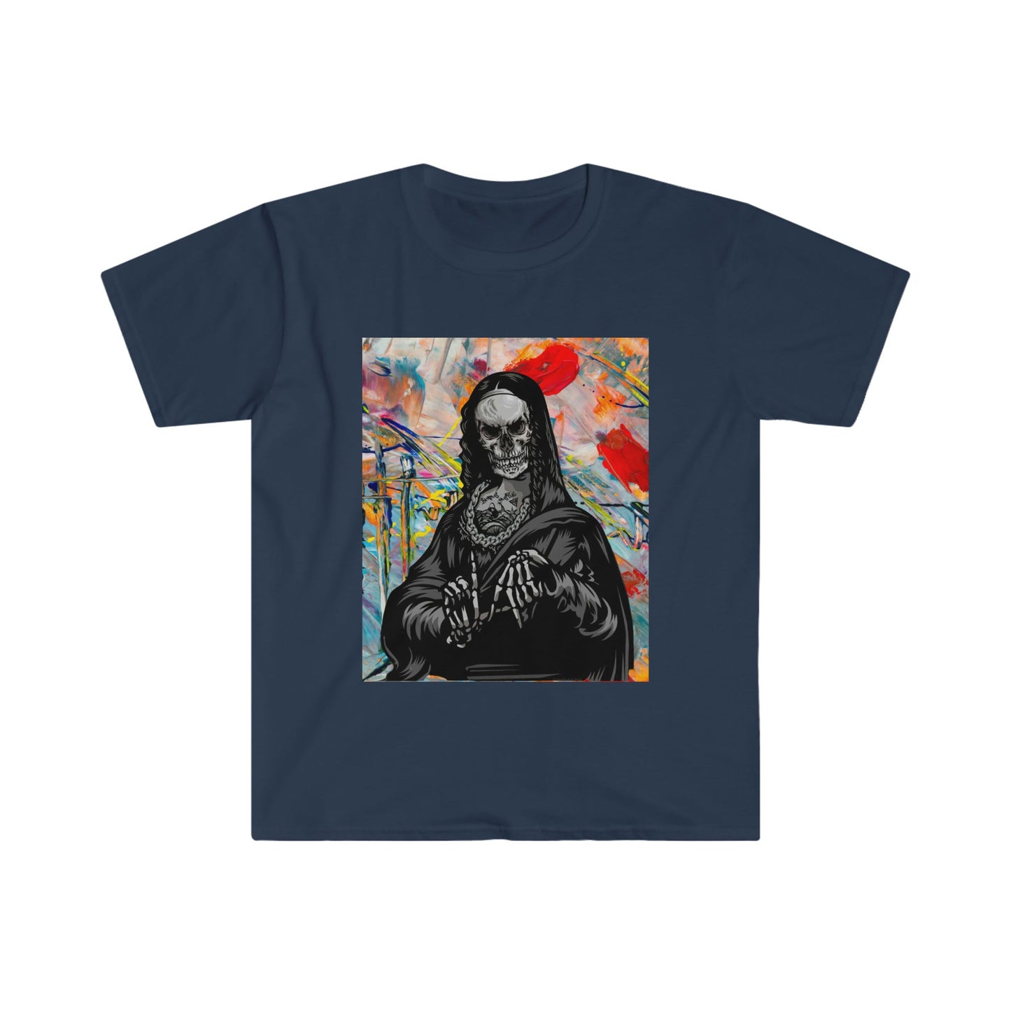 Unisex Softstyle T-Shirt, skull mona lisa, painting of mona lisa, painting
