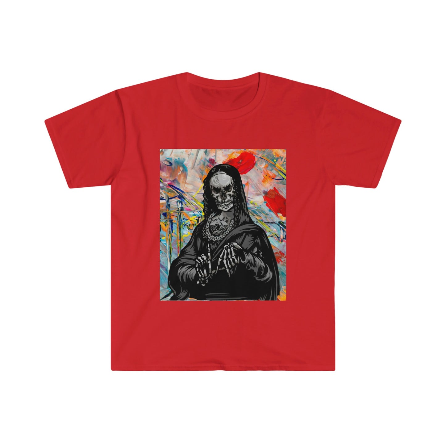 Unisex Softstyle T-Shirt, skull mona lisa, painting of mona lisa, painting