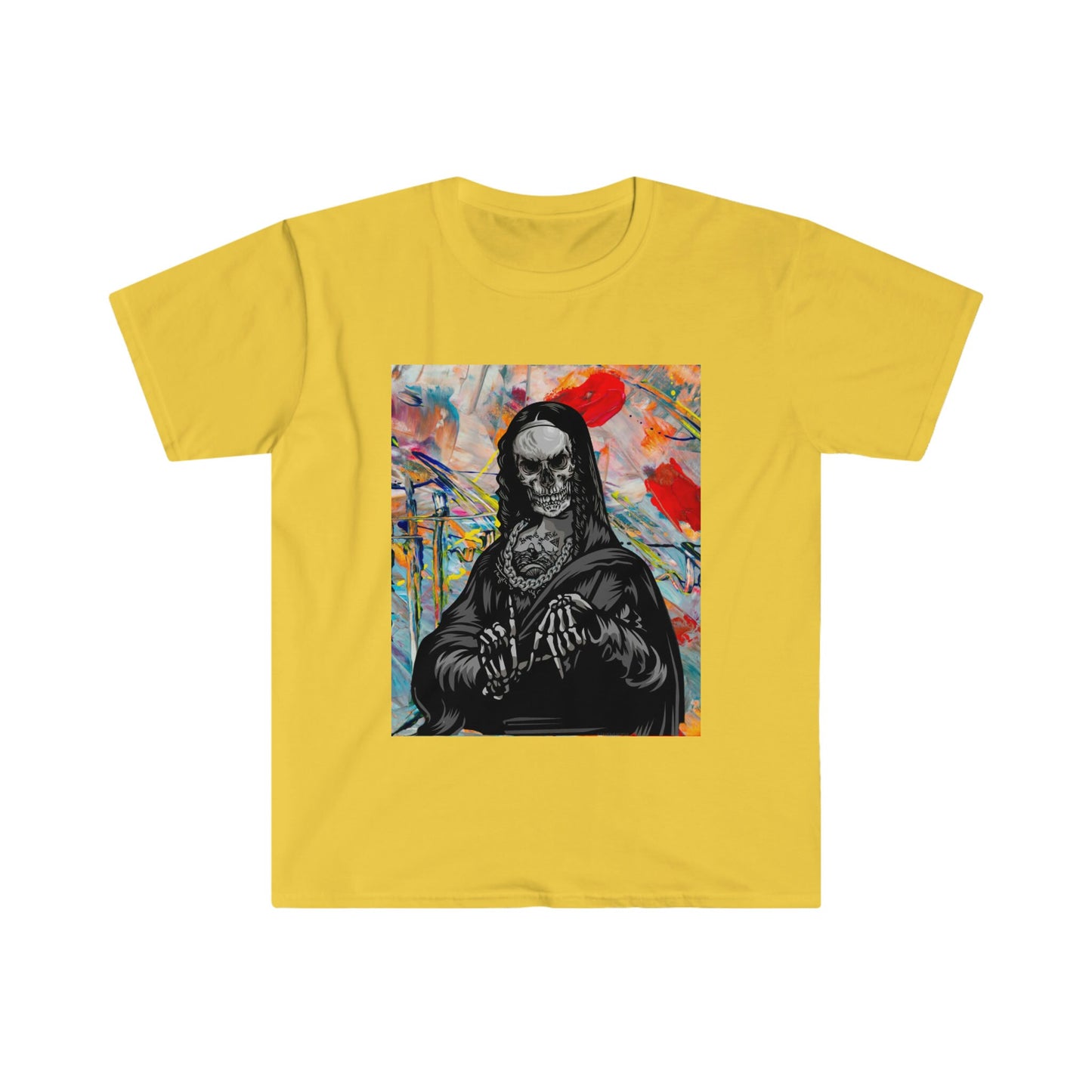 Unisex Softstyle T-Shirt, skull mona lisa, painting of mona lisa, painting