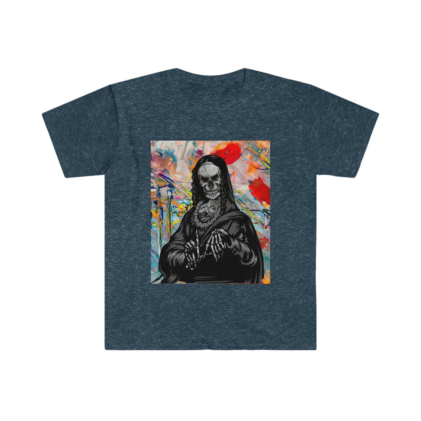 Unisex Softstyle T-Shirt, skull mona lisa, painting of mona lisa, painting