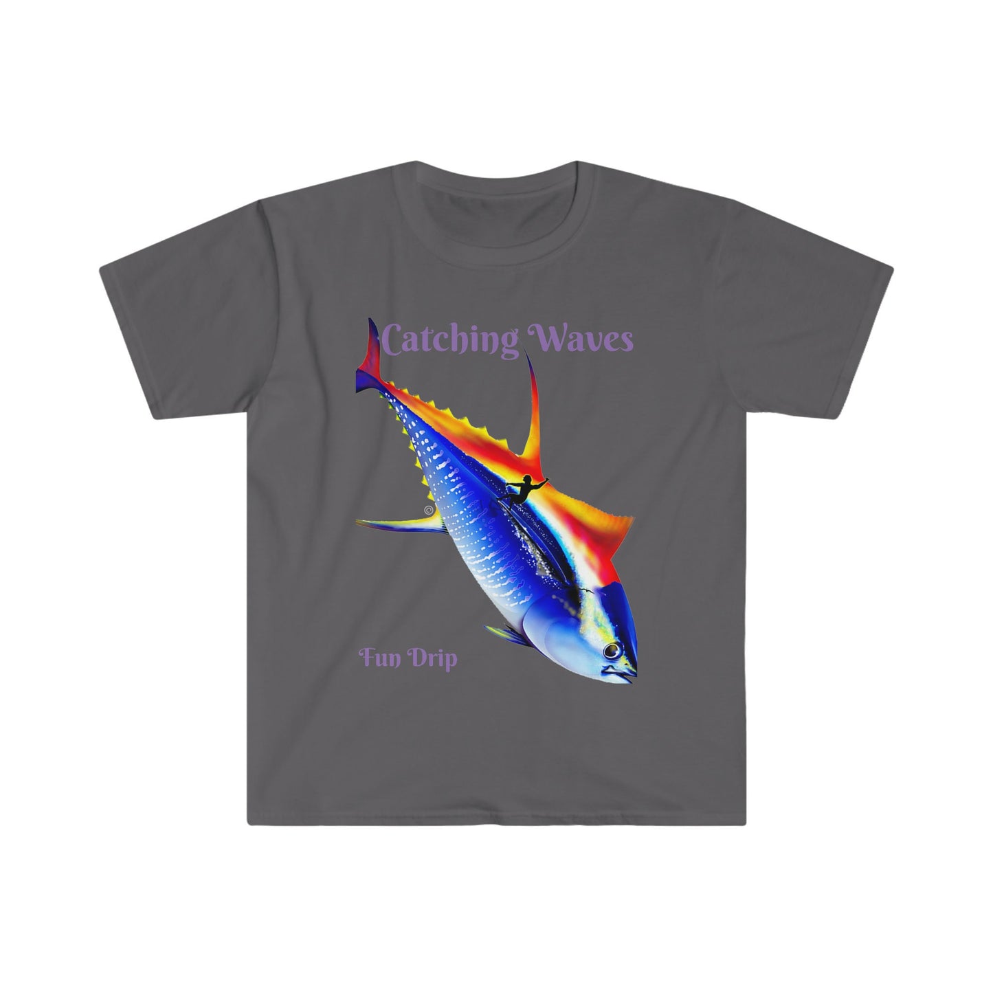 Unisex Softstyle T-Shirt, Surfing, waves, Tuna, yellowfin, catching waves, Sunset surfing, sunset, ocean vibes, Mahalo