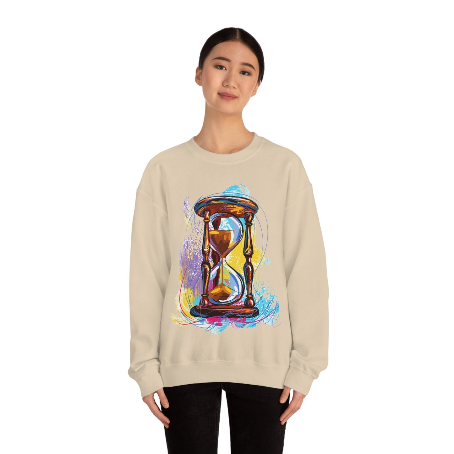 Crewneck Sweatshirt, watercolor hourglass, colorful hourglass, time keeping, hourglass