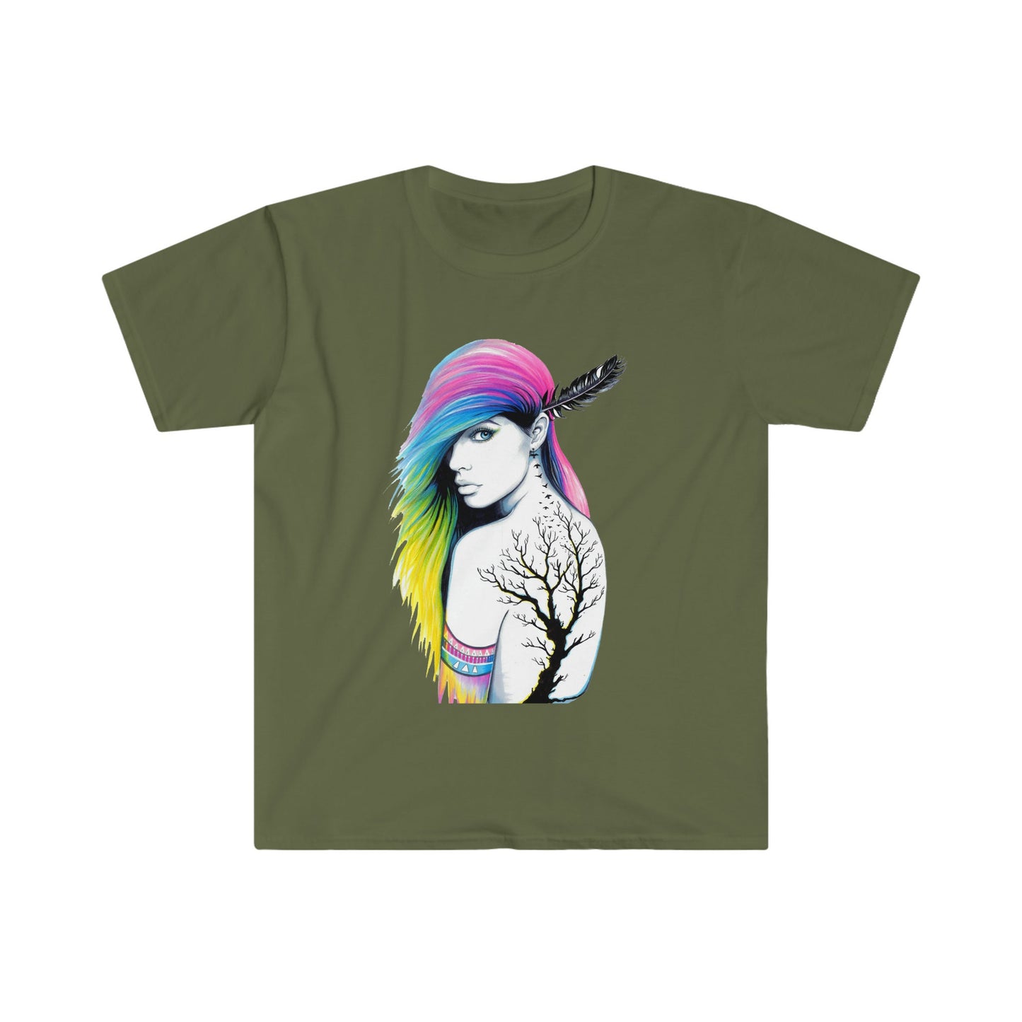 Unisex Softstyle T-Shirt, tattoo, colorful hair, tribal girl, feather in hair, tribal tattoo