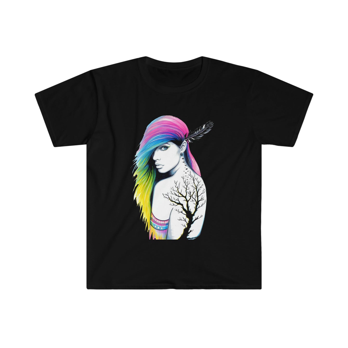 Unisex Softstyle T-Shirt, tattoo, colorful hair, tribal girl, feather in hair, tribal tattoo