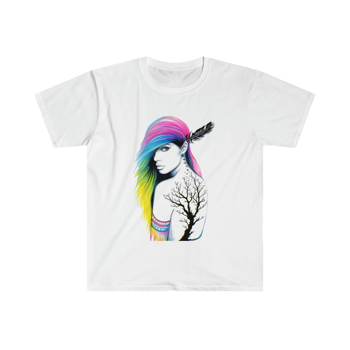 Unisex Softstyle T-Shirt, tattoo, colorful hair, tribal girl, feather in hair, tribal tattoo