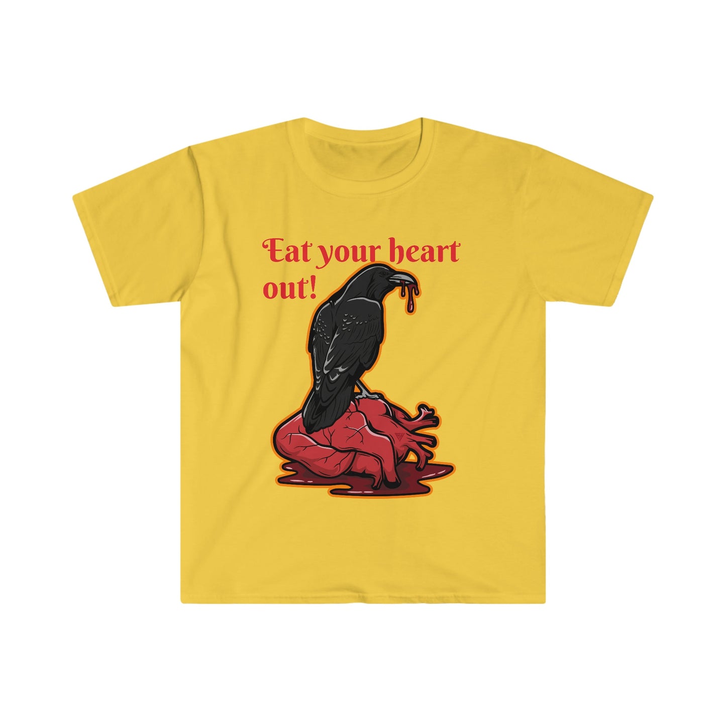 Unisex Softstyle T-Shirt, Raven, bleeding heart, dripping heart bloody heart, bird