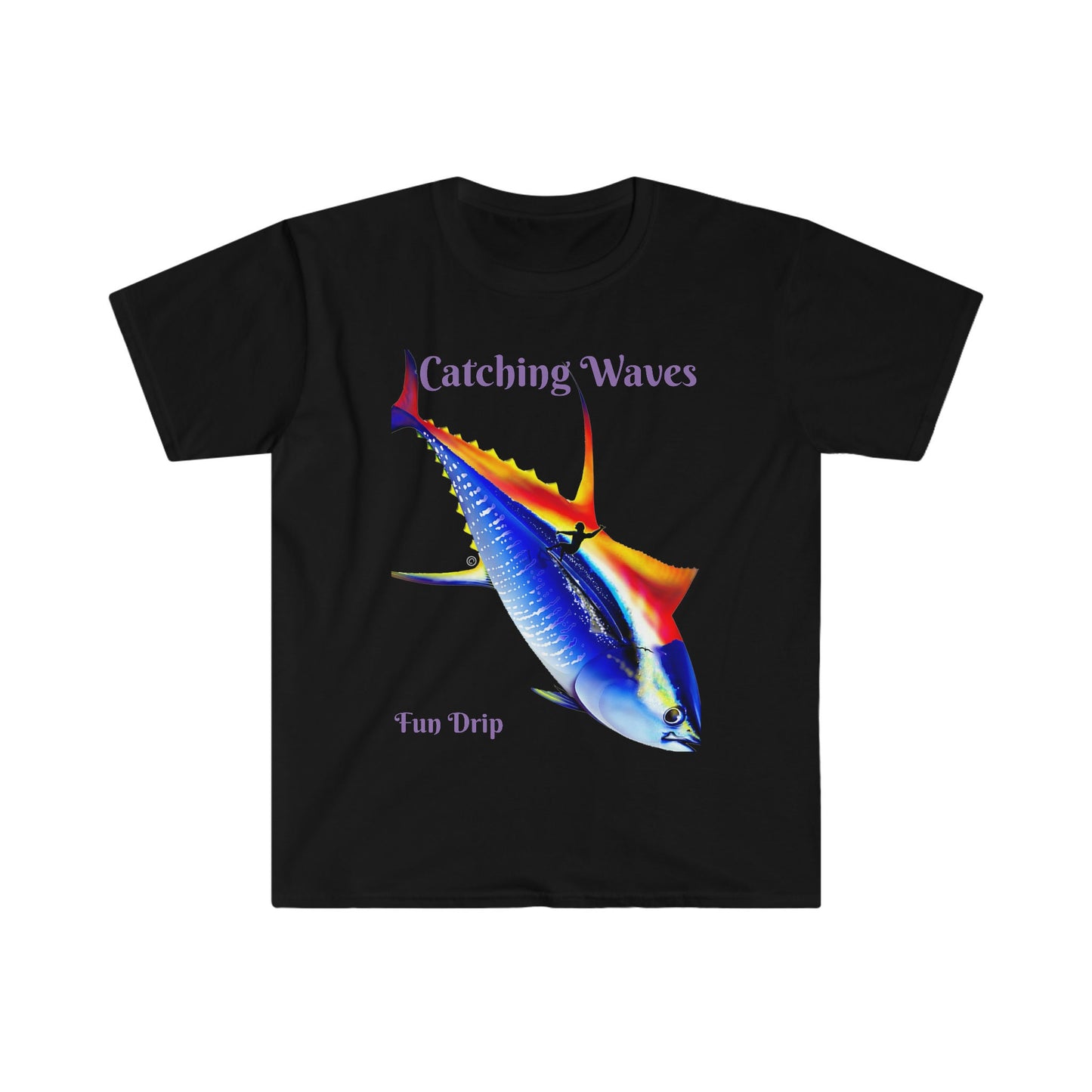Unisex Softstyle T-Shirt, Surfing, waves, Tuna, yellowfin, catching waves, Sunset surfing, sunset, ocean vibes, Mahalo
