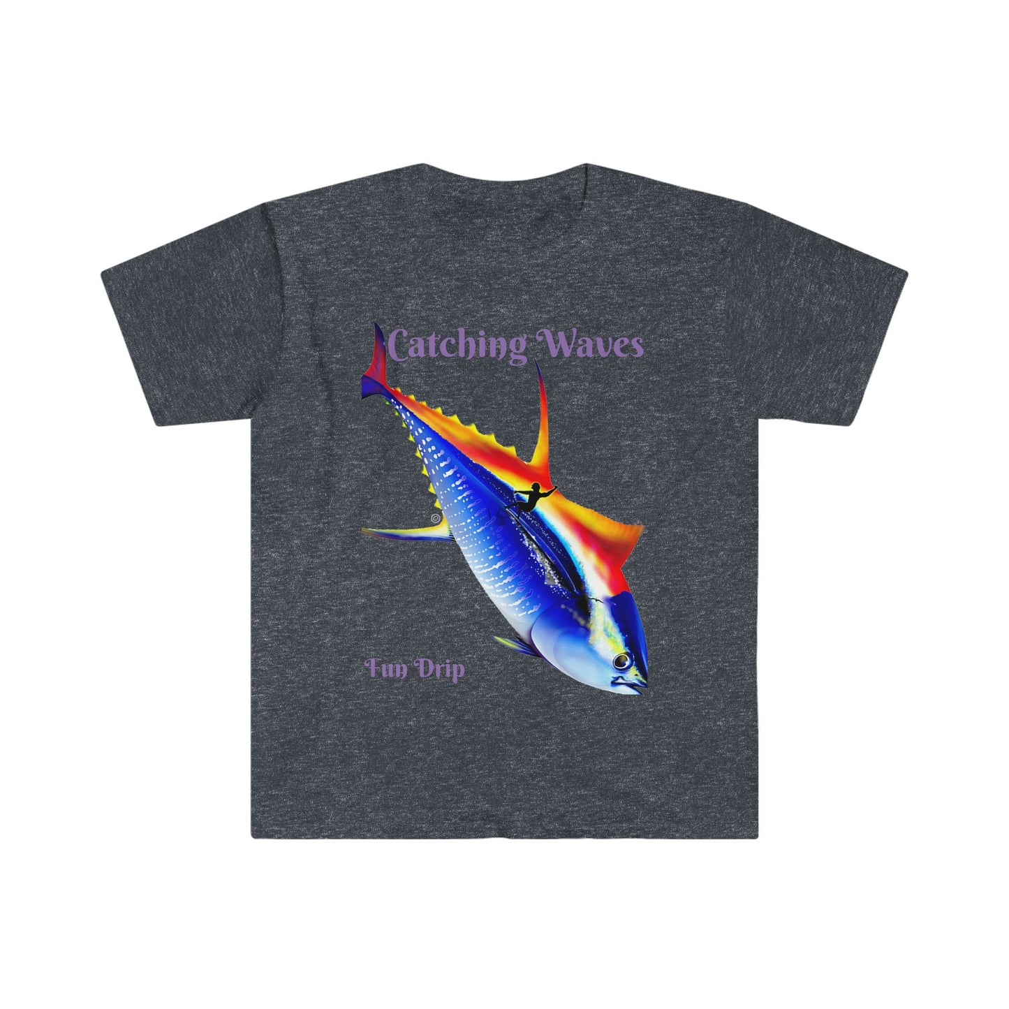 Unisex Softstyle T-Shirt, Surfing, waves, Tuna, yellowfin, catching waves, Sunset surfing, sunset, ocean vibes, Mahalo