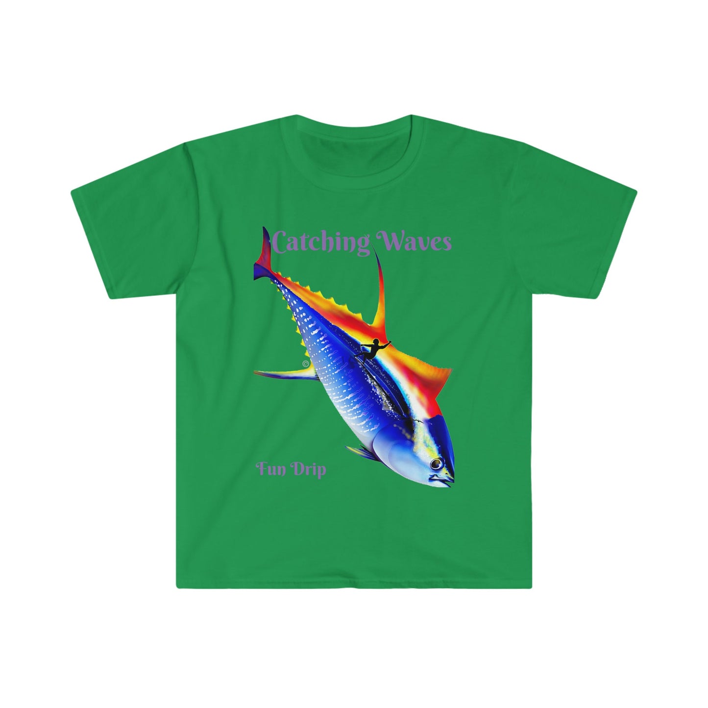 Unisex Softstyle T-Shirt, Surfing, waves, Tuna, yellowfin, catching waves, Sunset surfing, sunset, ocean vibes, Mahalo