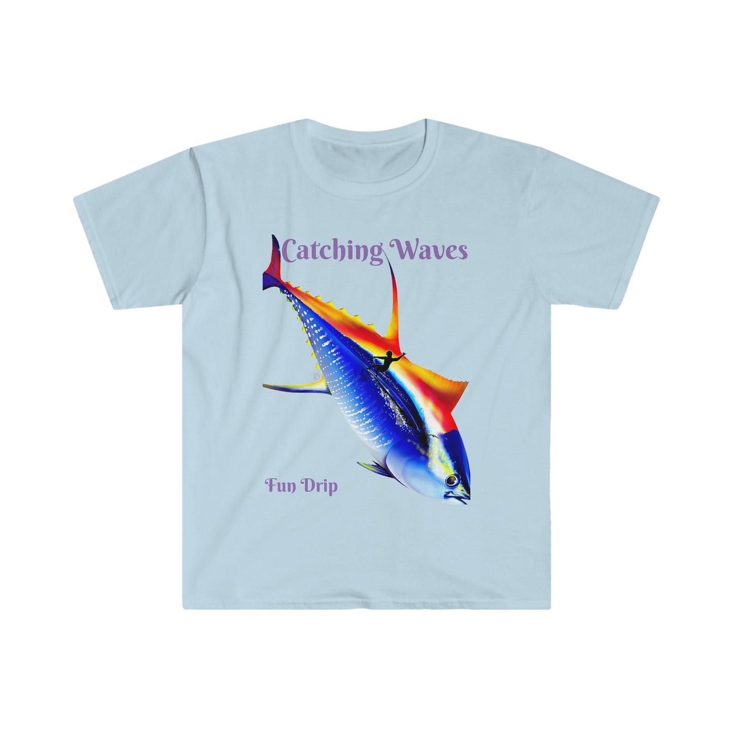 Unisex Softstyle T-Shirt, Surfing, waves, Tuna, yellowfin, catching waves, Sunset surfing, sunset, ocean vibes, Mahalo