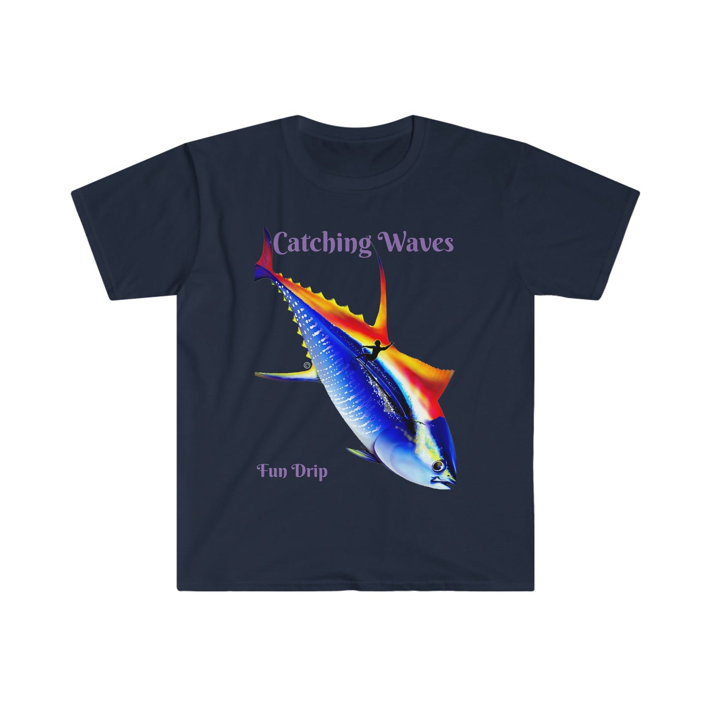 Unisex Softstyle T-Shirt, Surfing, waves, Tuna, yellowfin, catching waves, Sunset surfing, sunset, ocean vibes, Mahalo