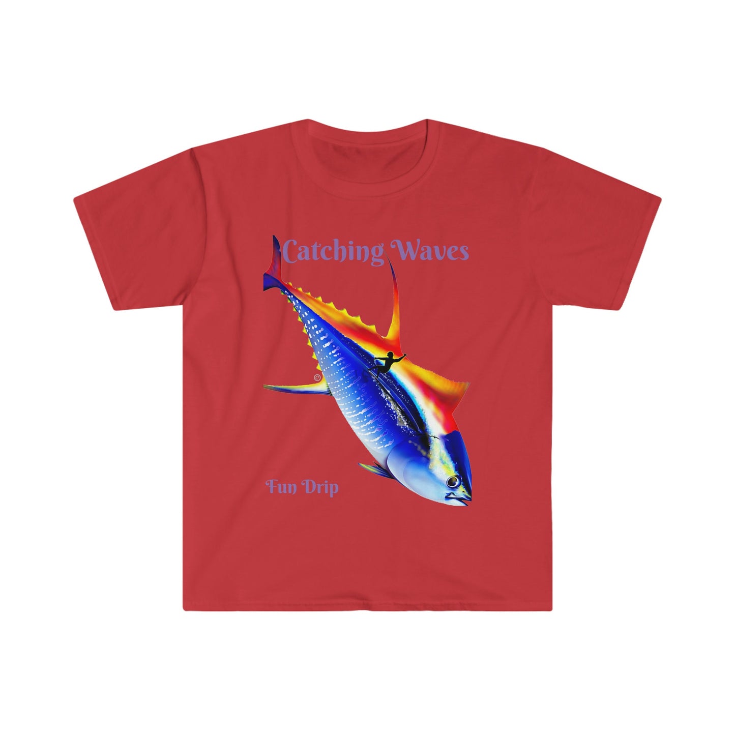 Unisex Softstyle T-Shirt, Surfing, waves, Tuna, yellowfin, catching waves, Sunset surfing, sunset, ocean vibes, Mahalo