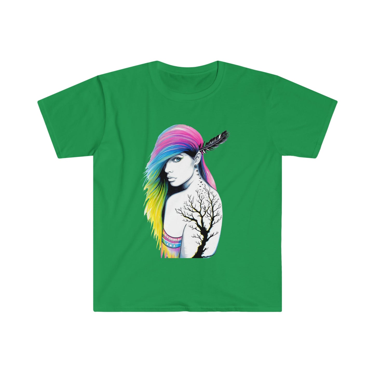 Unisex Softstyle T-Shirt, tattoo, colorful hair, tribal girl, feather in hair, tribal tattoo