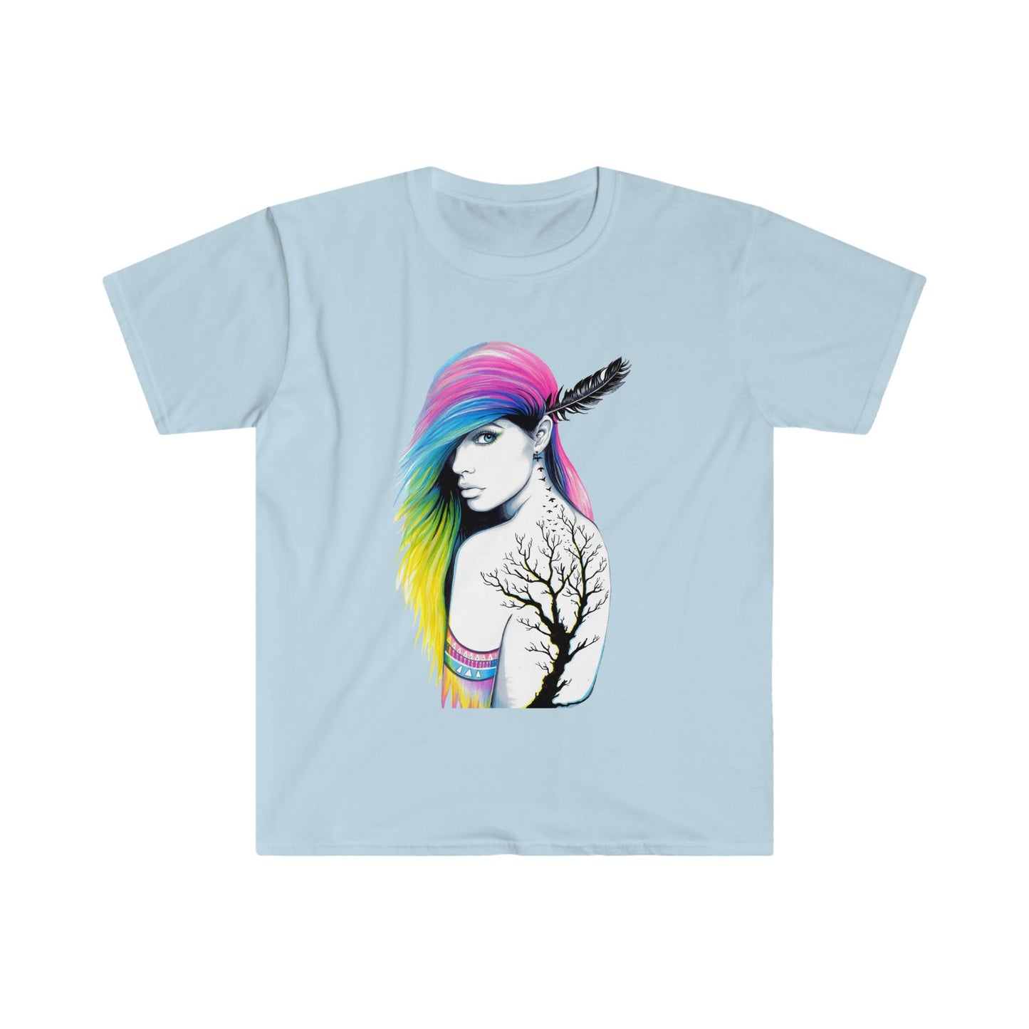 Unisex Softstyle T-Shirt, tattoo, colorful hair, tribal girl, feather in hair, tribal tattoo