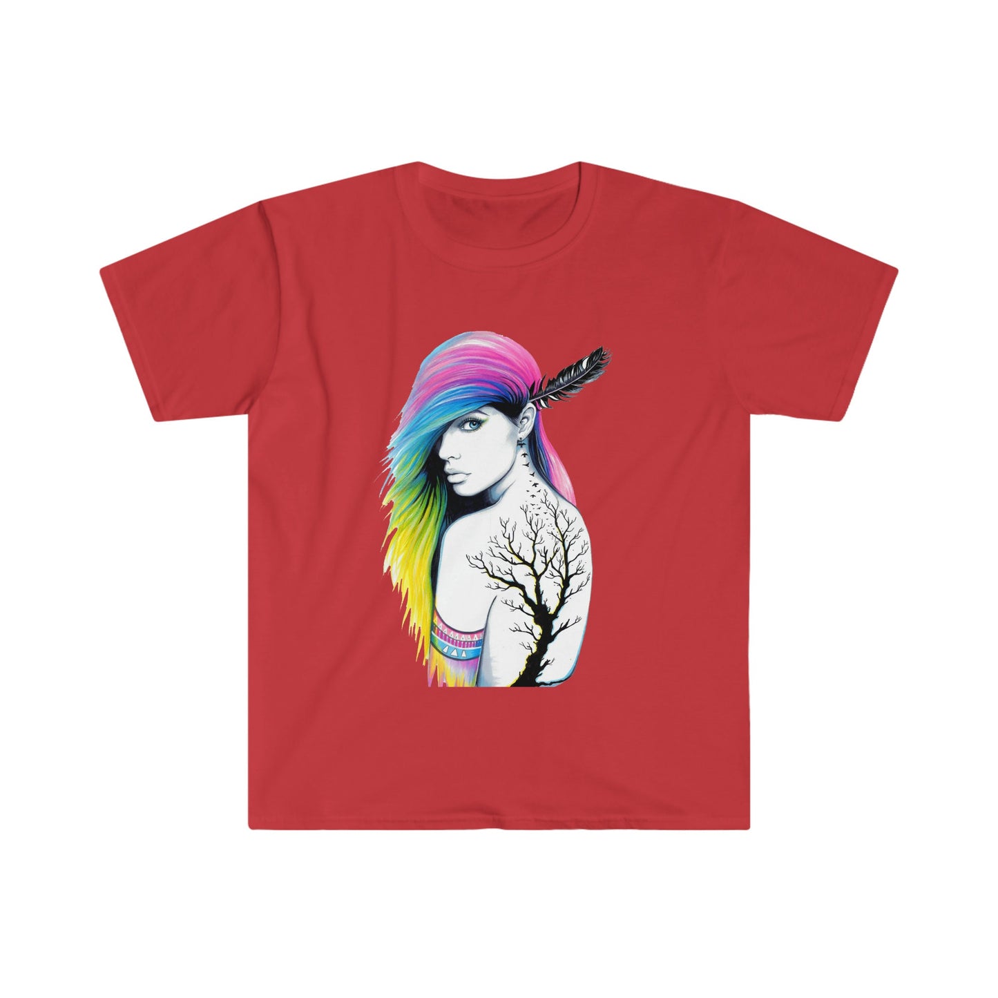 Unisex Softstyle T-Shirt, tattoo, colorful hair, tribal girl, feather in hair, tribal tattoo
