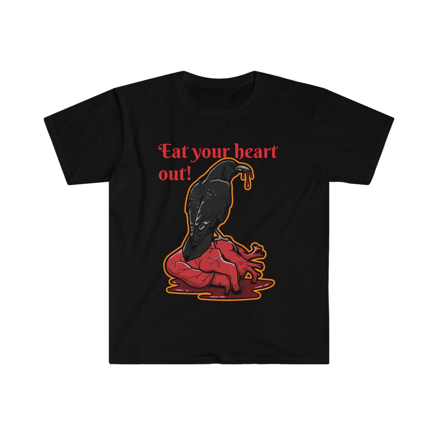 Unisex Softstyle T-Shirt, Raven, bleeding heart, dripping heart bloody heart, bird