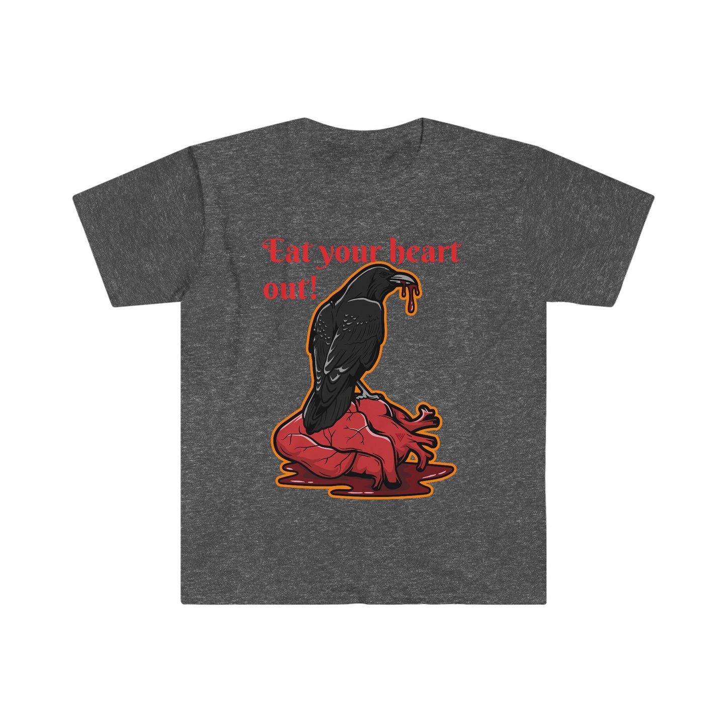Unisex Softstyle T-Shirt, Raven, bleeding heart, dripping heart bloody heart, bird