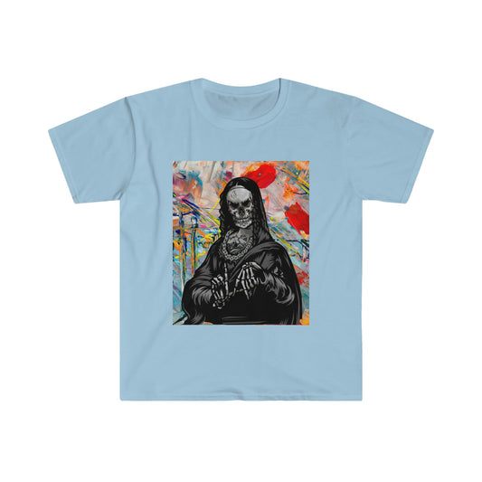 Unisex Softstyle T-Shirt, skull mona lisa, painting of mona lisa, painting