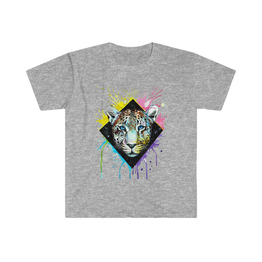 Unisex Softstyle T-Shirt, Jaguar, watercolor, animal print, colors, wild animal, endangered animal, unique blue eyes