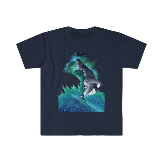 Unisex Softstyle T-Shirt, Starry night whale, whale, night sky, watercolor whale