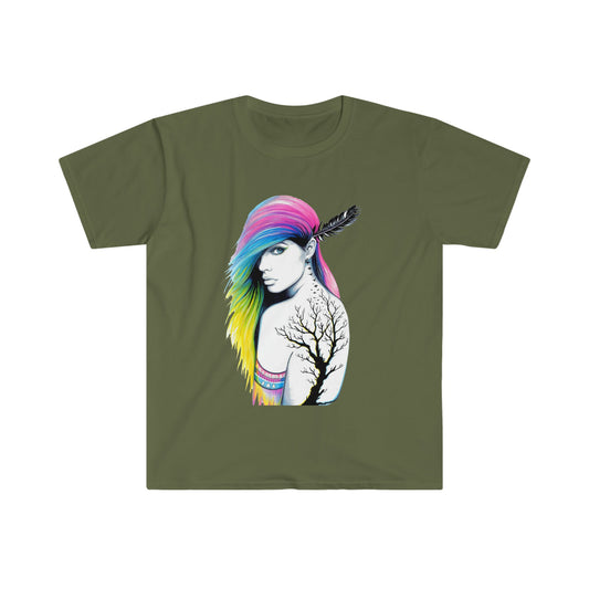 Unisex Softstyle T-Shirt, tattoo, colorful hair, tribal girl, feather in hair, tribal tattoo