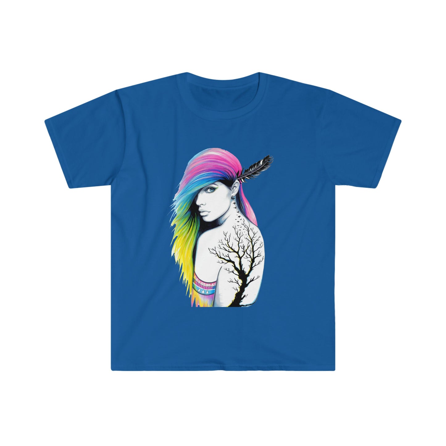 Unisex Softstyle T-Shirt, tattoo, colorful hair, tribal girl, feather in hair, tribal tattoo