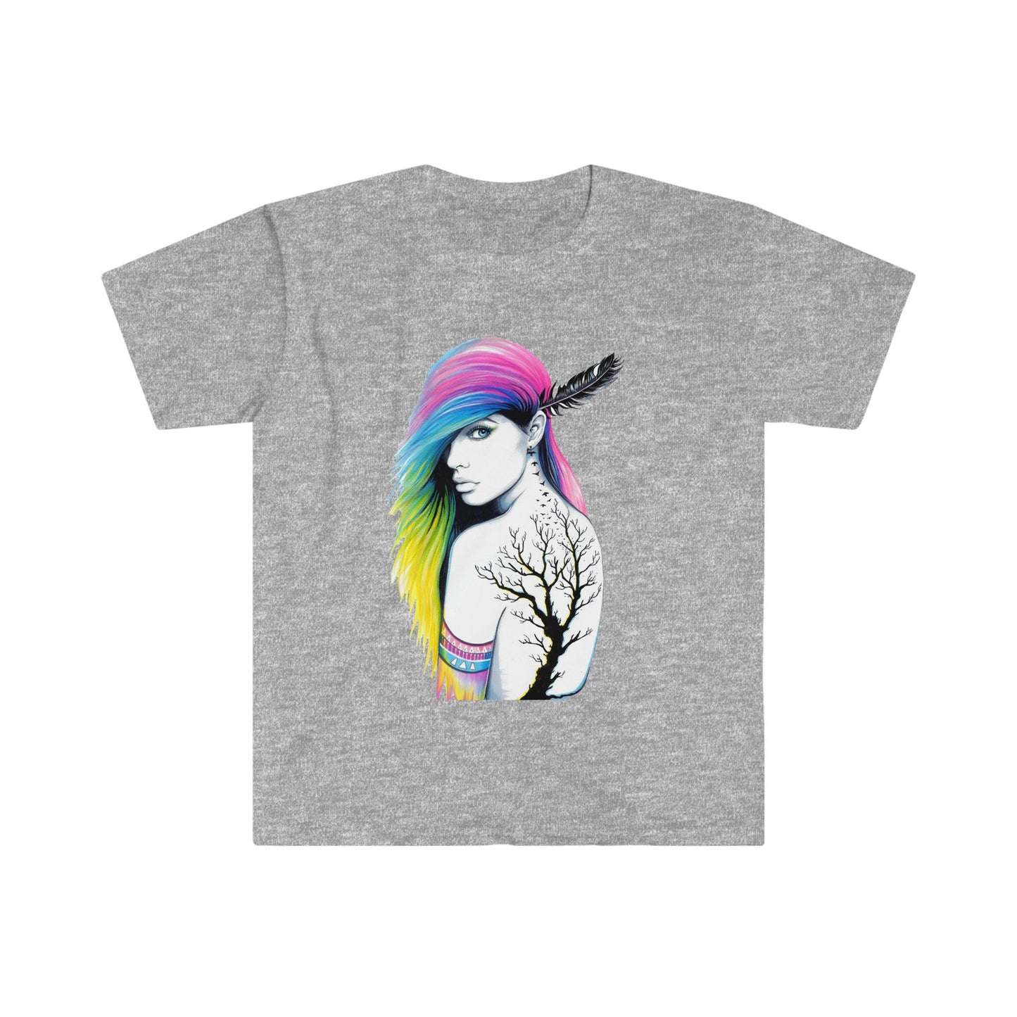 Unisex Softstyle T-Shirt, tattoo, colorful hair, tribal girl, feather in hair, tribal tattoo