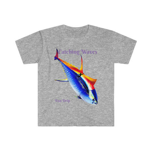 Unisex Softstyle T-Shirt, Surfing, waves, Tuna, yellowfin, catching waves, Sunset surfing, sunset, ocean vibes, Mahalo