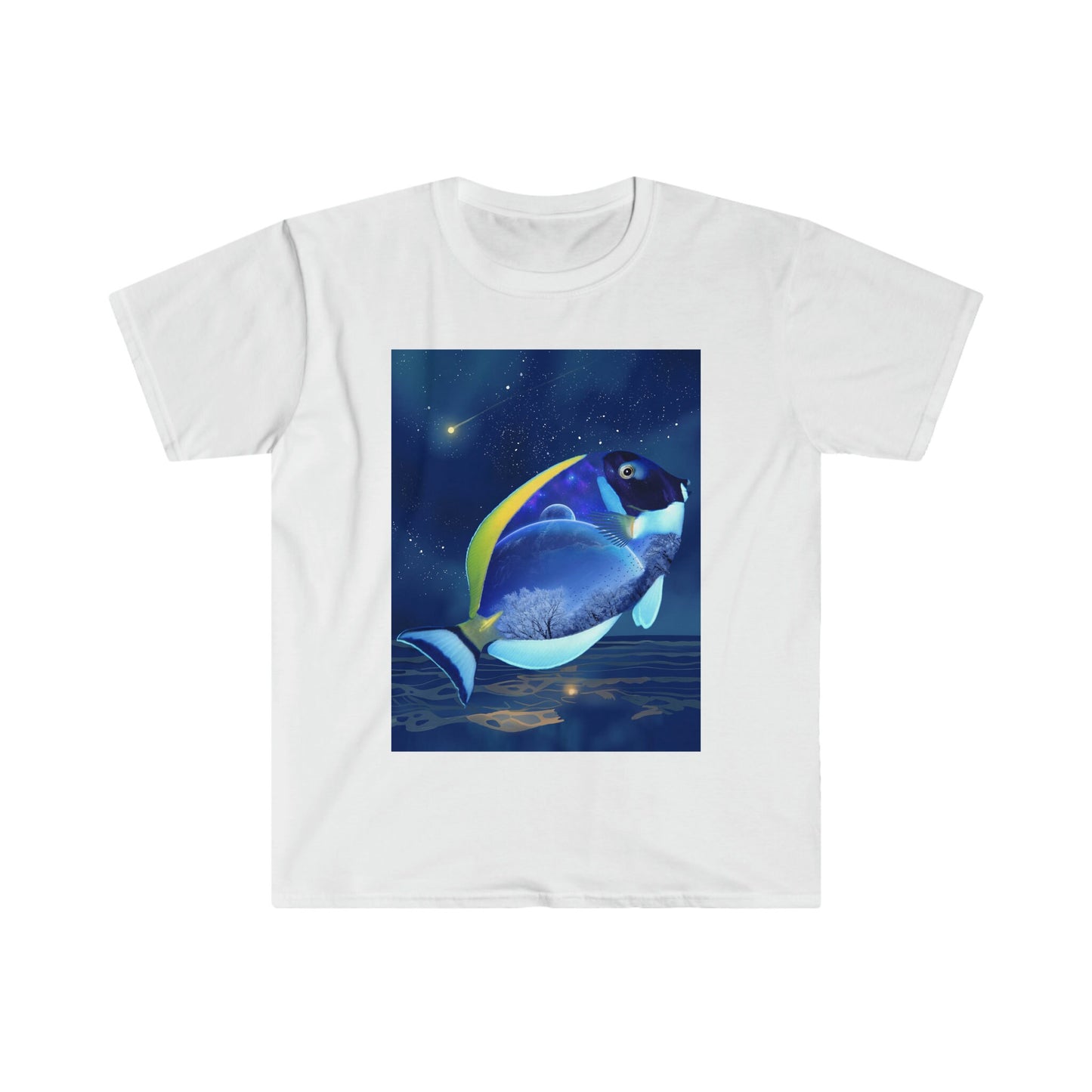 T-Shirt, night scene, fish, coral reef fish, night sky, moonlight