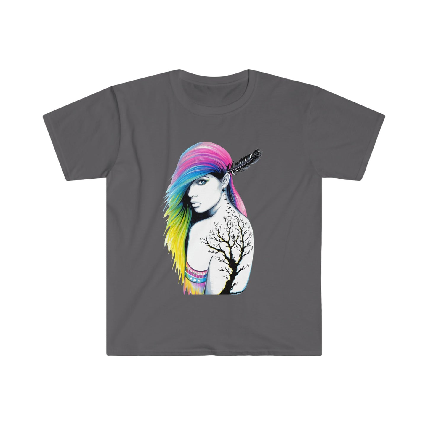 Unisex Softstyle T-Shirt, tattoo, colorful hair, tribal girl, feather in hair, tribal tattoo