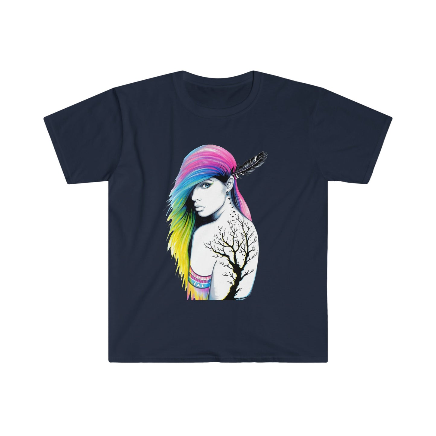 Unisex Softstyle T-Shirt, tattoo, colorful hair, tribal girl, feather in hair, tribal tattoo