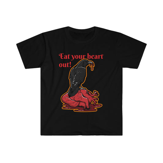 Unisex Softstyle T-Shirt, Raven, bleeding heart, dripping heart bloody heart, bird